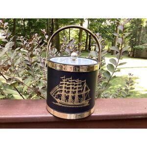 Shelton Ware Ice Bucket‎ Vintage Barware Sailboat 1960 MCM Retro Black Gold